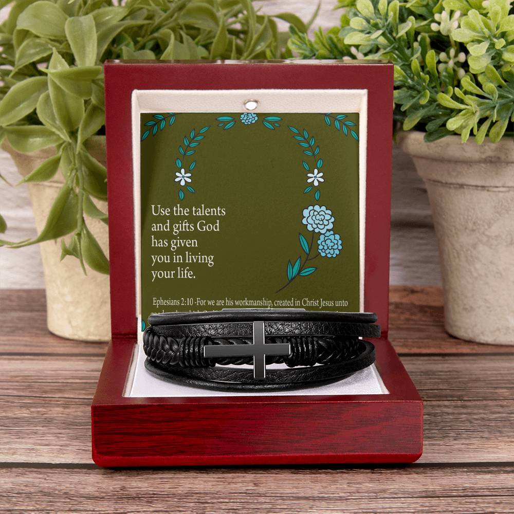 You Are God's Workmanship Ephesians 2:10 Men's Stainless Steel & Vegan Leather Cross Bracelet - Vegan Leather with Stainless Steel-Express Your Love Gifts