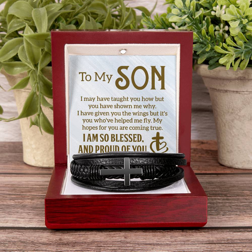 To My Son I Am So Blessed Men's Cross Bracelet - Vegan Leather with Stainless Steel-Express Your Love Gifts