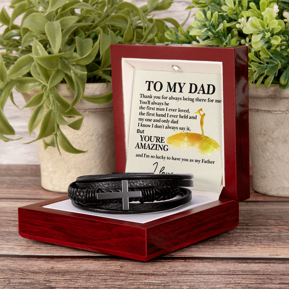 Lucky To Have You As My Father Men's Cross Bracelet - Vegan Leather with Stainless Steel-Express Your Love Gifts