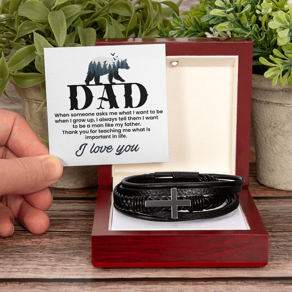 Man Like My Father Men's Cross Bracelet - Vegan Leather with Stainless Steel-Express Your Love Gifts