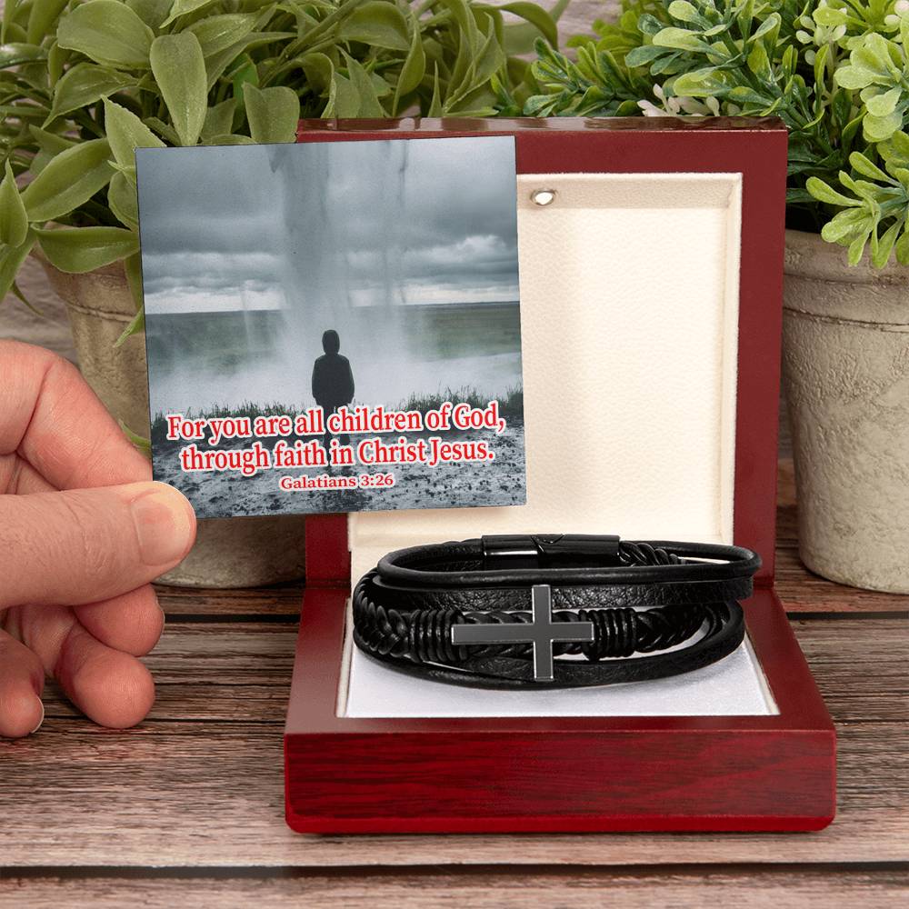 Child of God Galatians 3:26 Men's Stainless Steel & Vegan Leather Cross Bracelet - Vegan Leather with Stainless Steel-Express Your Love Gifts