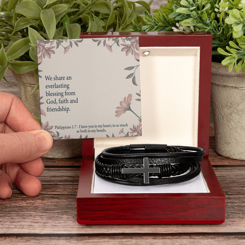 Friendship Philippians 1:7 Men's Stainless Steel & Vegan Leather Cross Bracelet - Vegan Leather with Stainless Steel-Express Your Love Gifts