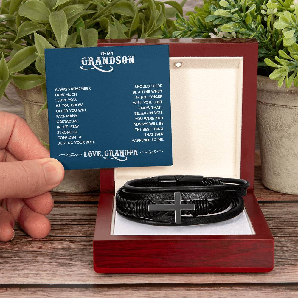 To My Grandson Always Remember From Grandpa Men's Cross Bracelet - Vegan Leather with Stainless Steel-Express Your Love Gifts