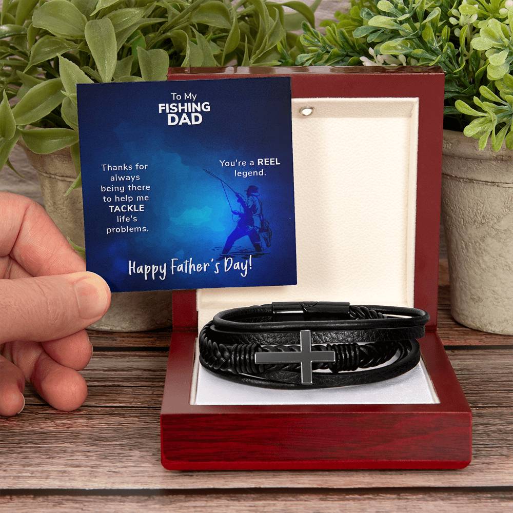 To My Fishing Dad Thanks for Always Being There Men's Cross Bracelet - Vegan Leather with Stainless Steel-Express Your Love Gifts