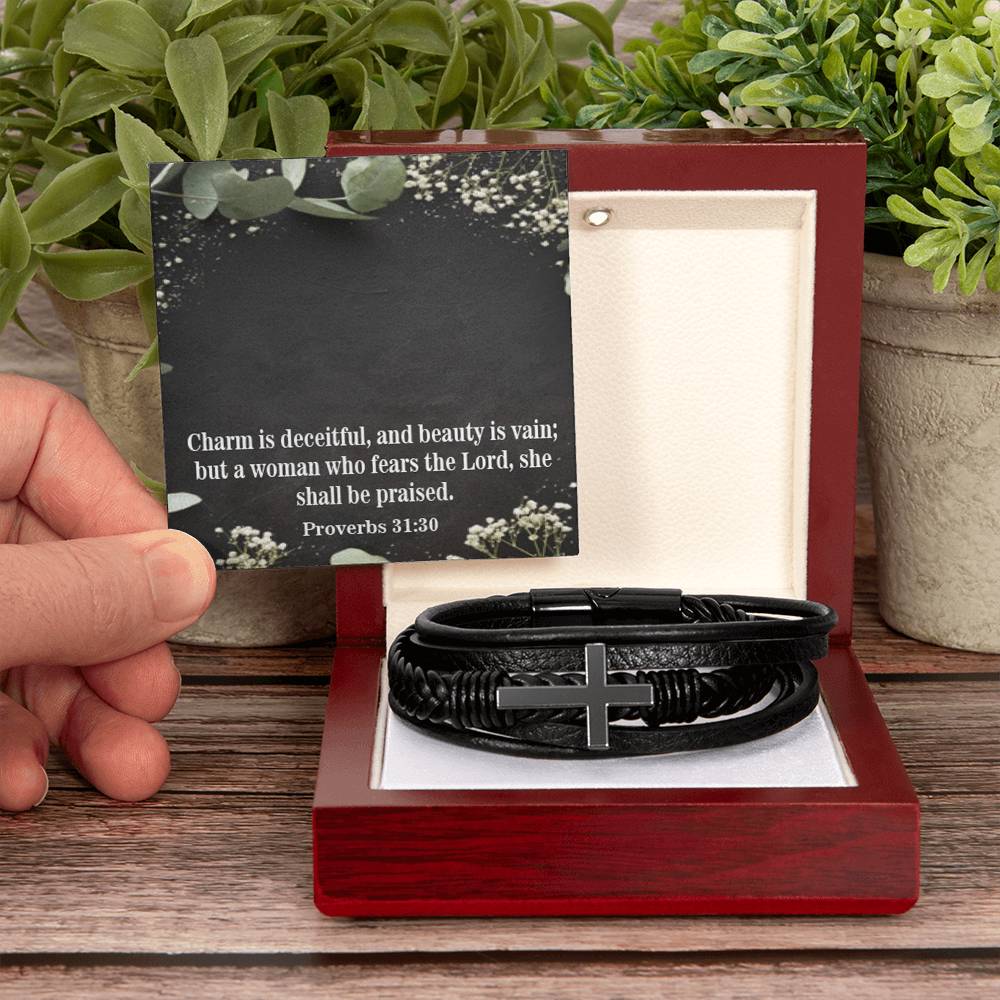 Fear the Lord Proverbs 31:30 Men's Stainless Steel & Vegan Leather Cross Bracelet - Vegan Leather with Stainless Steel-Express Your Love Gifts