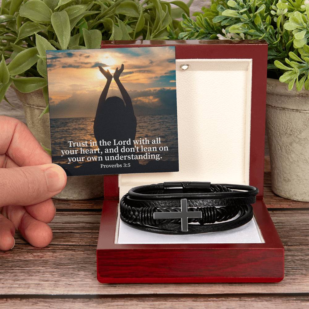 Trust in the Lord Proverbs 3:5 Men's Stainless Steel & Vegan Leather Cross Bracelet - Vegan Leather with Stainless Steel-Express Your Love Gifts