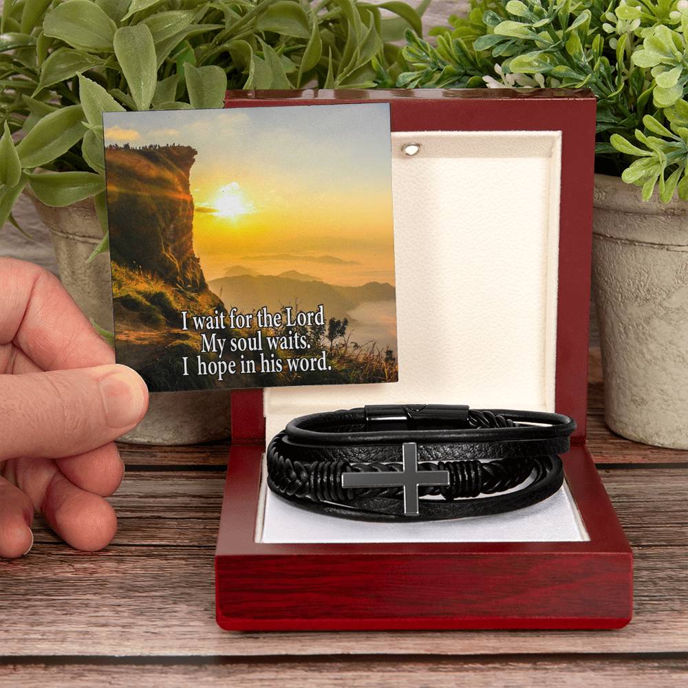 Hope in God Psalm130:5 Men's Stainless Steel & Vegan Leather Cross Bracelet - Vegan Leather with Stainless Steel-Express Your Love Gifts