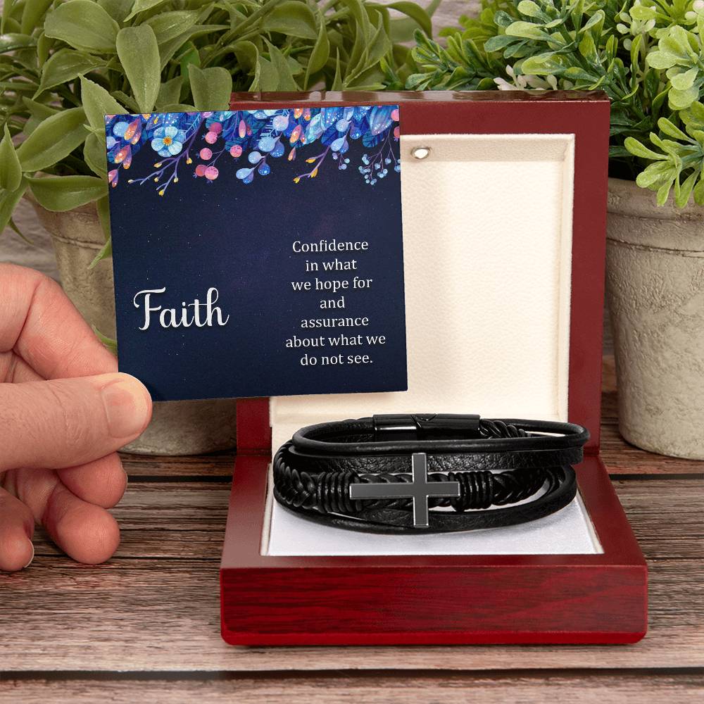 Faith (noun) Hebrews 11:1 Men's Stainless Steel & Vegan Leather Cross Bracelet - Vegan Leather with Stainless Steel-Express Your Love Gifts