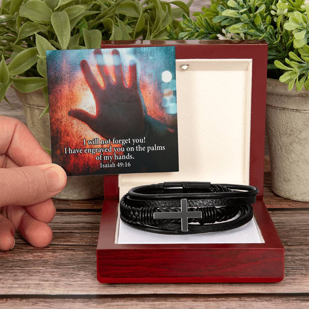 I Will Not Forget You Isaiah 49:16 Men's Stainless Steel & Vegan Leather Cross Bracelet - Vegan Leather with Stainless Steel-Express Your Love Gifts