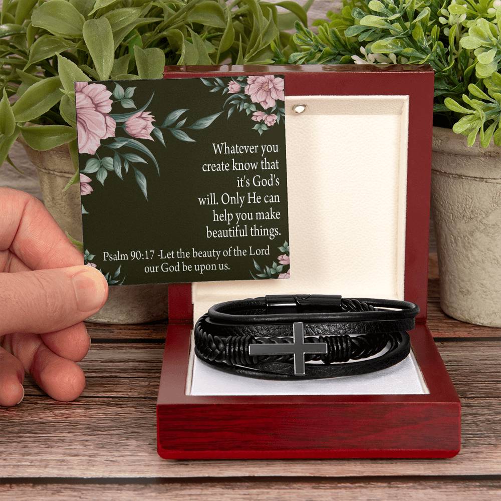 God's Will & Beauty Psalm 90:17 Men's Stainless Steel & Vegan Leather Cross Bracelet - Vegan Leather with Stainless Steel-Express Your Love Gifts