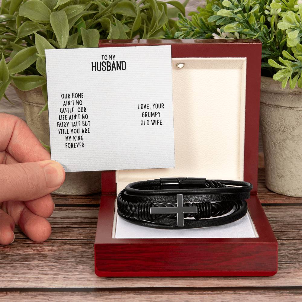 To My Husband Our Home Ain't No Castle Men's Cross Bracelet - Vegan Leather with Stainless Steel-Express Your Love Gifts