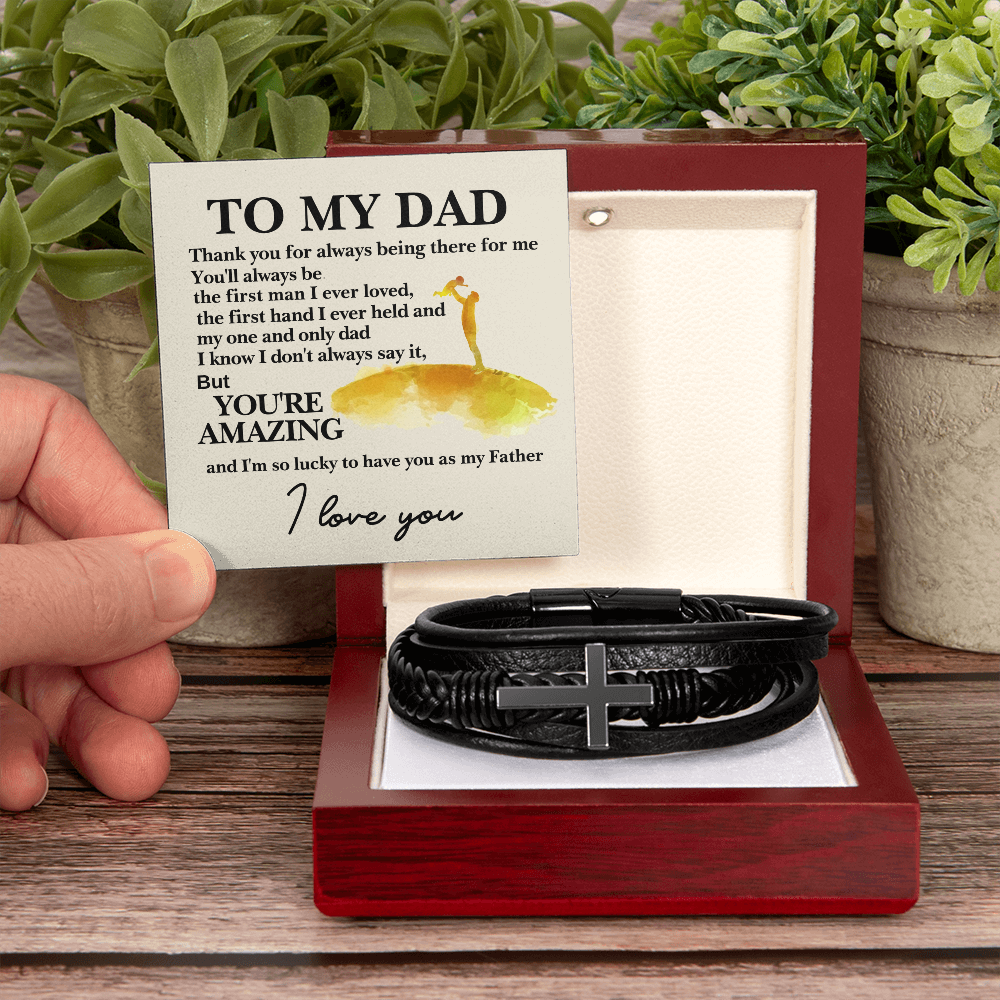Lucky To Have You As My Father Men's Cross Bracelet - Vegan Leather with Stainless Steel-Express Your Love Gifts
