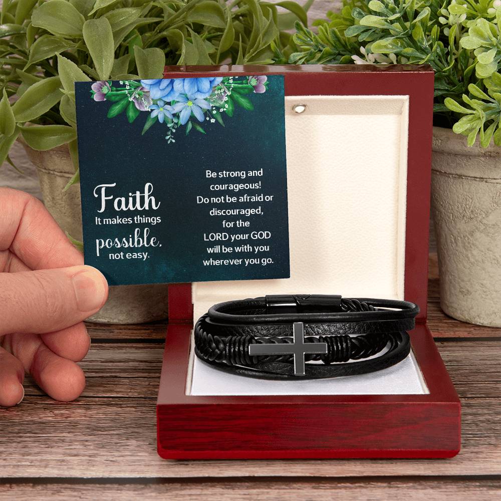Faith Makes Things Possible Men's Stainless Steel & Vegan Leather Cross Bracelet - Vegan Leather with Stainless Steel-Express Your Love Gifts