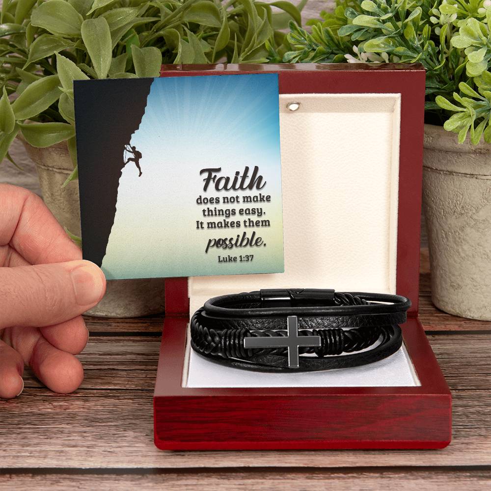 Faith Does Not Make Things Easy Men's Stainless Steel & Vegan Leather Cross Bracelet - Vegan Leather with Stainless Steel-Express Your Love Gifts