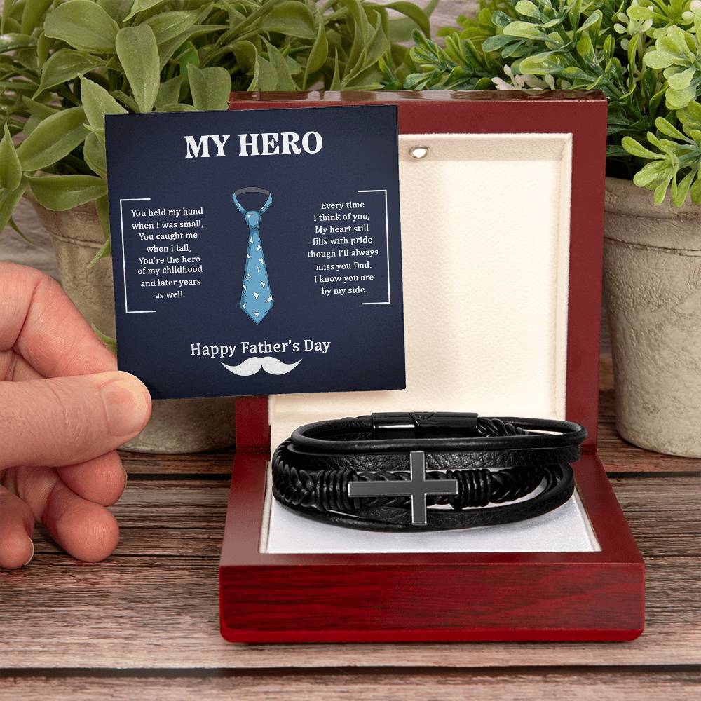 Dad My Hero Men's Cross Bracelet - Vegan Leather with Stainless Steel-Express Your Love Gifts