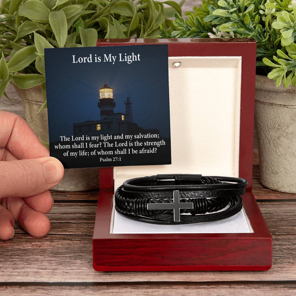 Lord is My Light Psalm 27:1 Men's Stainless Steel & Vegan Leather Cross Bracelet - Vegan Leather with Stainless Steel-Express Your Love Gifts