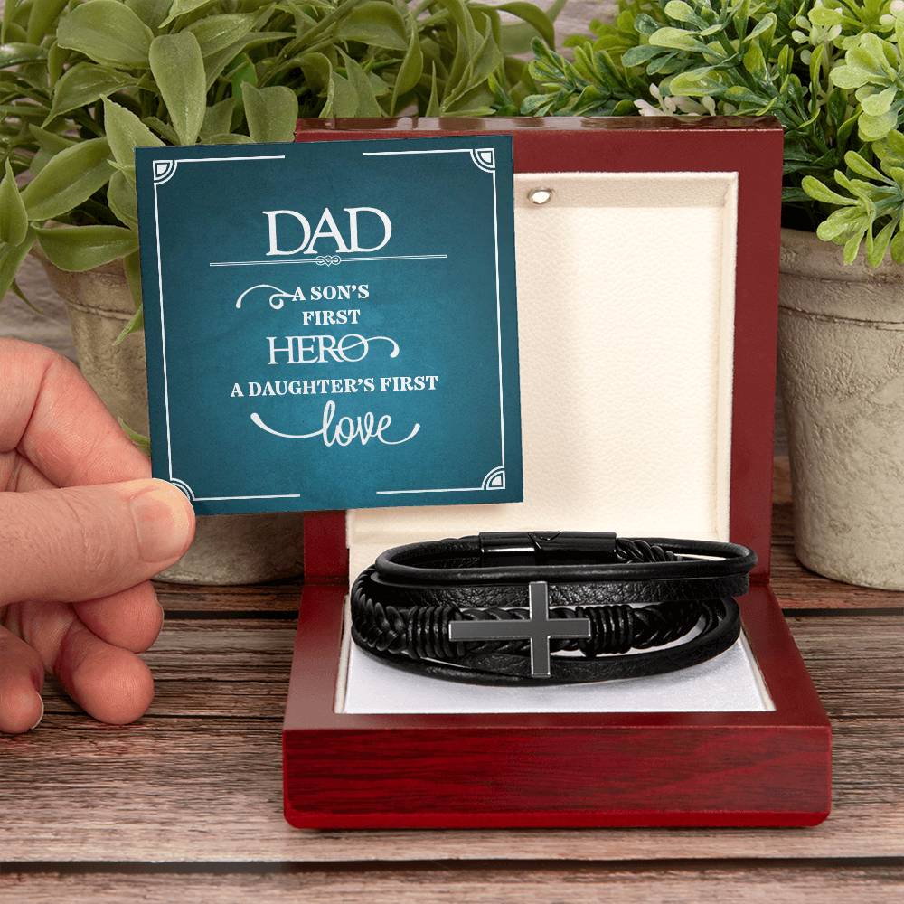 Dad a Sons First Hero Men's Cross Bracelet - Vegan Leather with Stainless Steel-Express Your Love Gifts