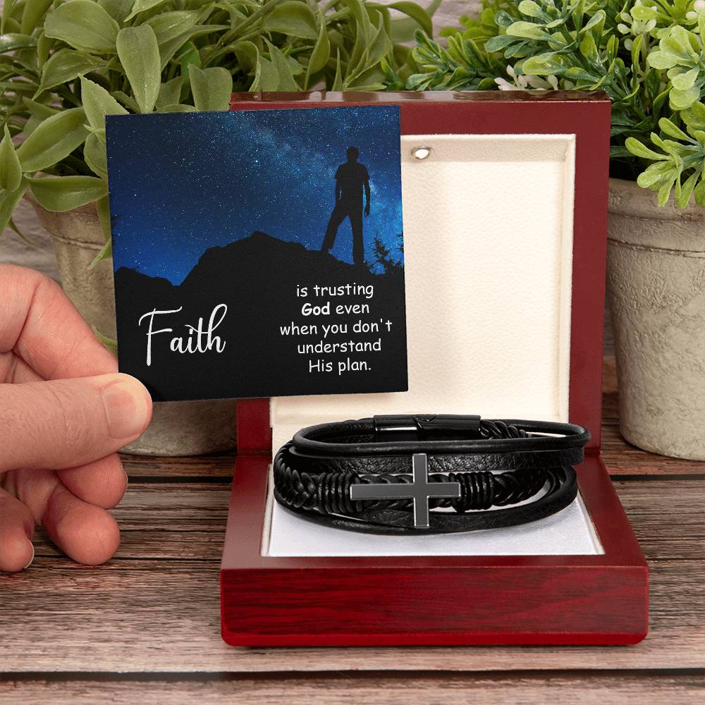 Faith is Trusting God Even When You Don't Men's Stainless Steel & Vegan Leather Cross Bracelet - Vegan Leather with Stainless Steel-Express Your Love Gifts