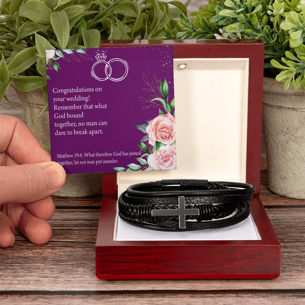 Wedding Message Faith Matthew 9:16 Men's Stainless Steel & Vegan Leather Cross Bracelet - Vegan Leather with Stainless Steel-Express Your Love Gifts