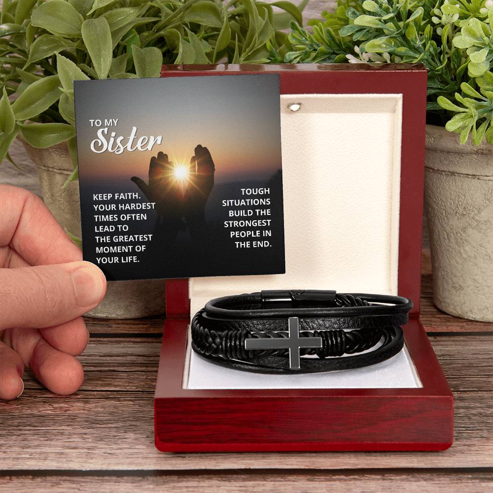 Keep Faith 2 Timothy 4:7 Men's Stainless Steel & Vegan Leather Cross Bracelet - Vegan Leather with Stainless Steel-Express Your Love Gifts