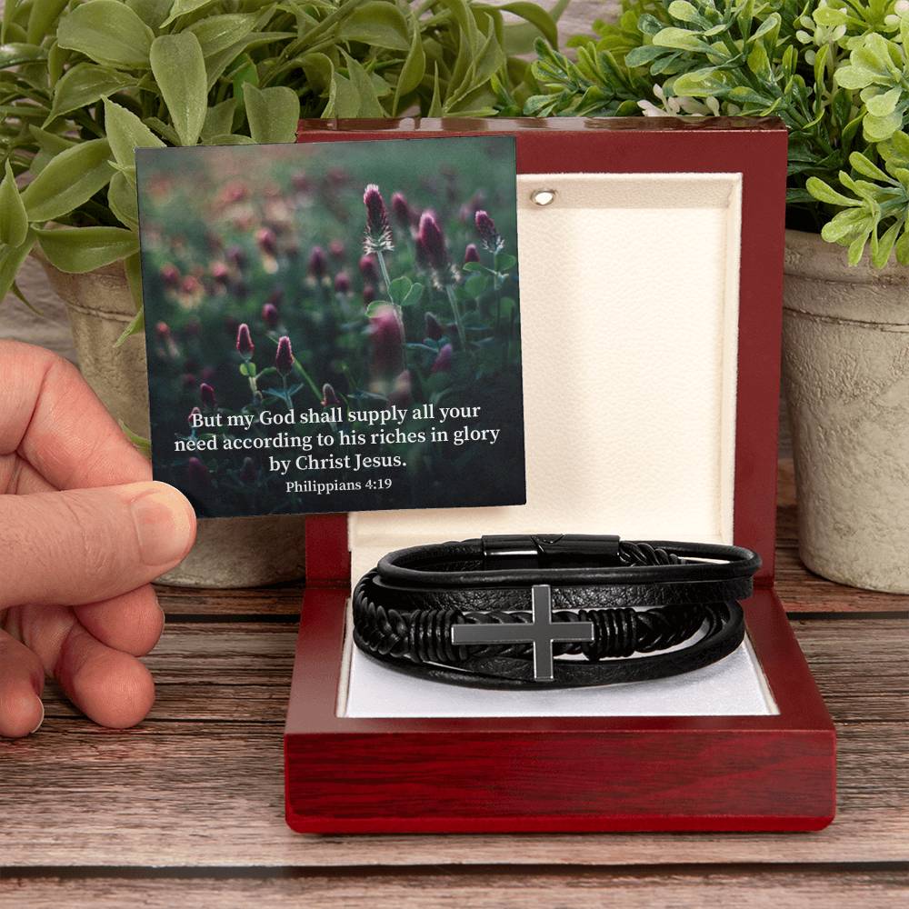God Supply All Your Need Philippians 4:19 Men's Stainless Steel & Vegan Leather Cross Bracelet - Vegan Leather with Stainless Steel-Express Your Love Gifts