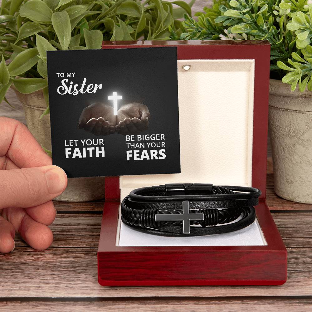 Let Your Faith Be Bigger Than Your Fears Isaiah 41:10 Men's Stainless Steel & Vegan Leather Cross Bracelet - Vegan Leather with Stainless Steel-Express Your Love Gifts