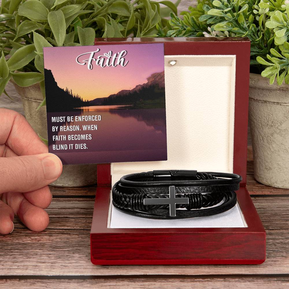 Must be Enforced Men's Stainless Steel & Vegan Leather Cross Bracelet - Vegan Leather with Stainless Steel-Express Your Love Gifts