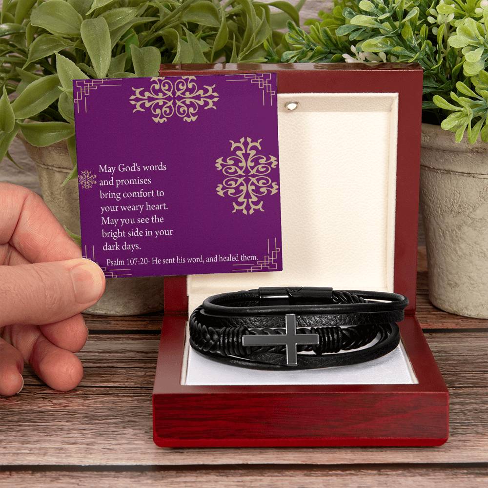 Get Well God's Words & Promises Psalm 107:20 Men's Stainless Steel & Vegan Leather Cross Bracelet - Vegan Leather with Stainless Steel-Express Your Love Gifts