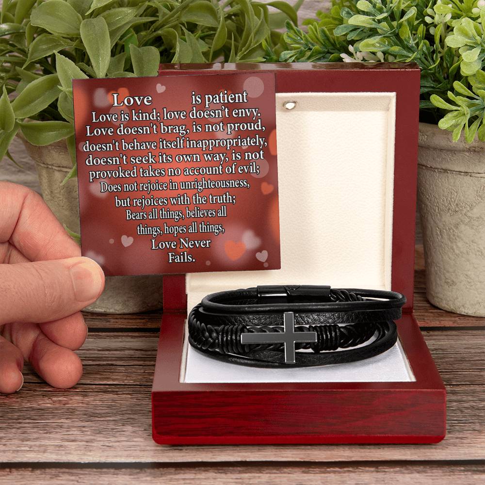 Love is Corinthians Men's Stainless Steel & Vegan Leather Cross Bracelet - Vegan Leather with Stainless Steel-Express Your Love Gifts