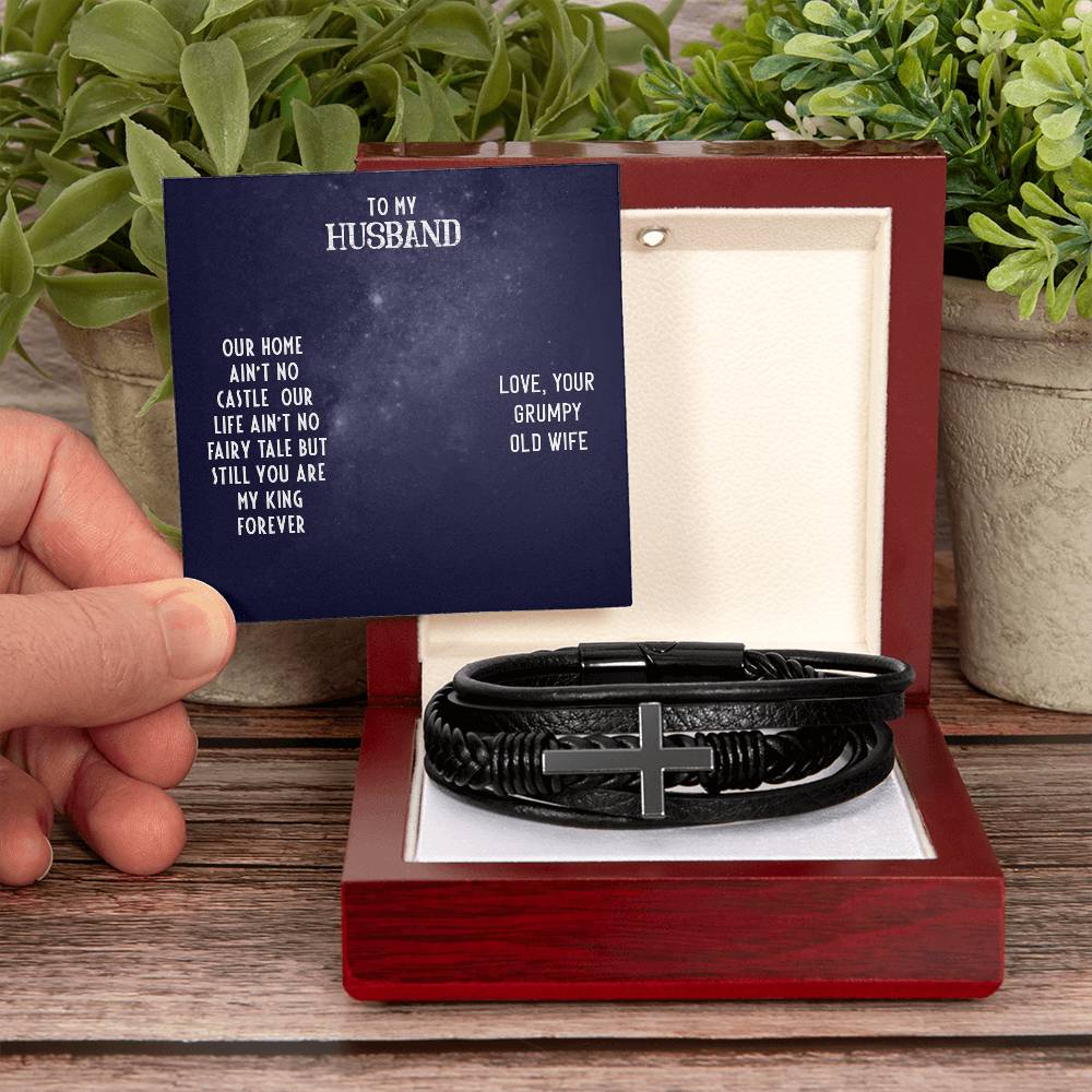 To My Husband Our Home Men's Cross Bracelet - Vegan Leather with Stainless Steel-Express Your Love Gifts