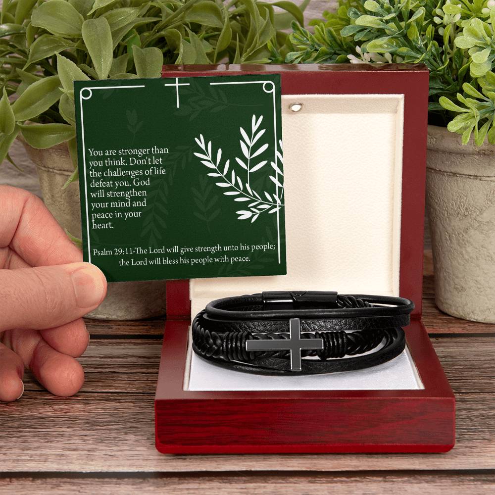 God Will Strengthen You Psalm 29:11 Men's Stainless Steel & Vegan Leather Cross Bracelet - Vegan Leather with Stainless Steel-Express Your Love Gifts