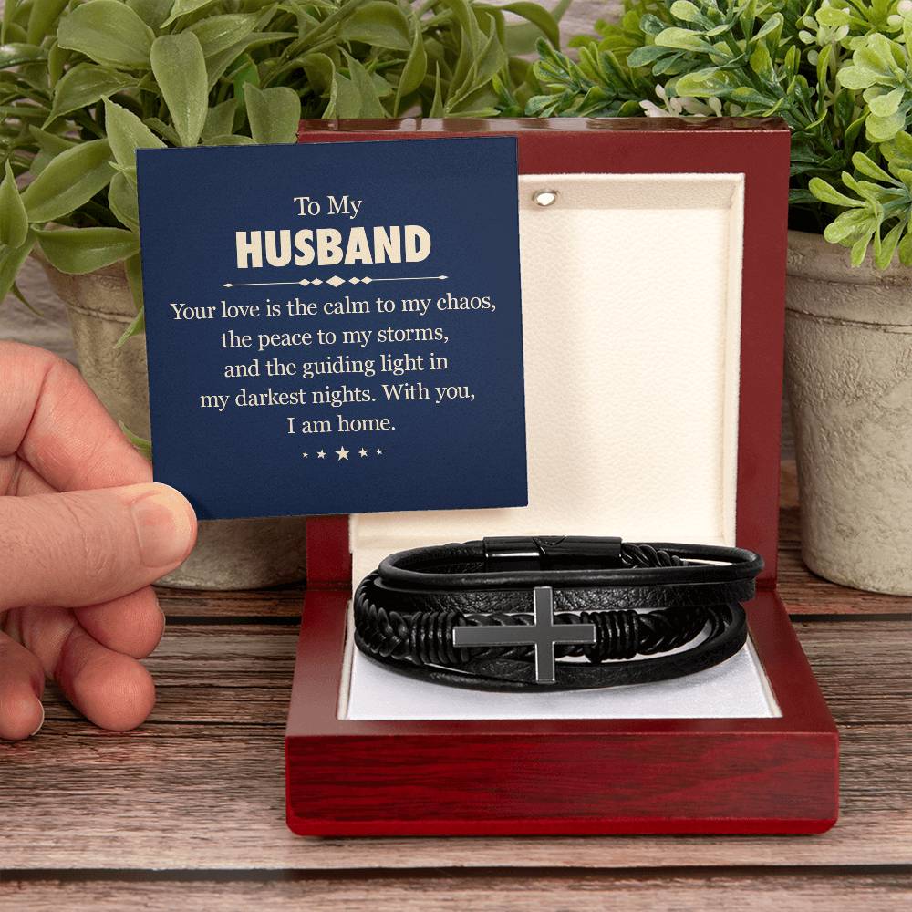 To My Husband Your Love is the Calm to My Chaos Men's Cross Bracelet - Vegan Leather with Stainless Steel-Express Your Love Gifts