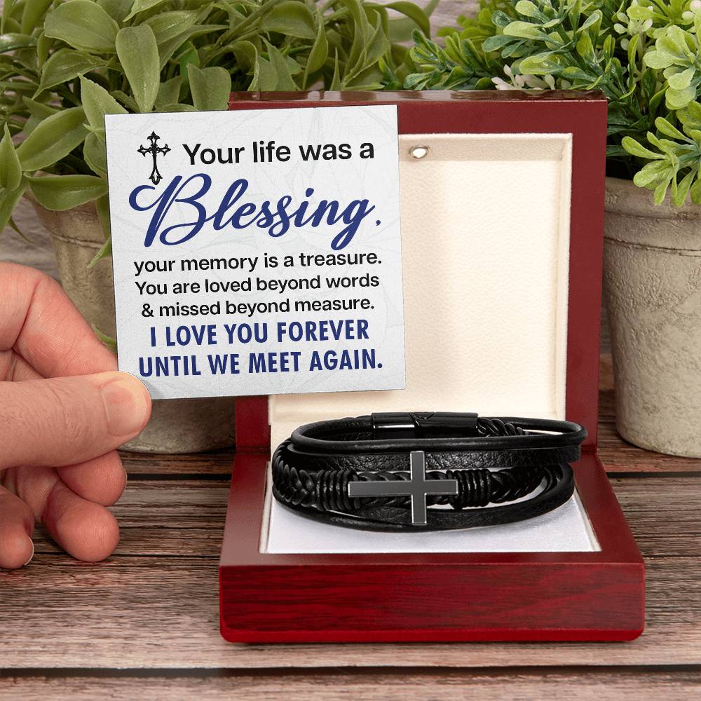 Your Life Was a Blessing Men's Cross Bracelet - Vegan Leather with Stainless Steel-Express Your Love Gifts