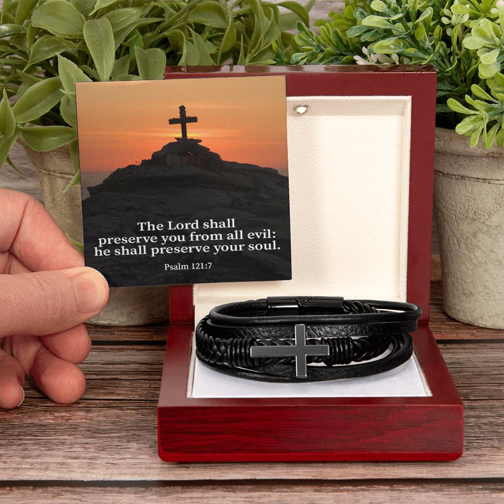 Hope Psalm 121:7 Men's Stainless Steel & Vegan Leather Cross Bracelet - Vegan Leather with Stainless Steel-Express Your Love Gifts