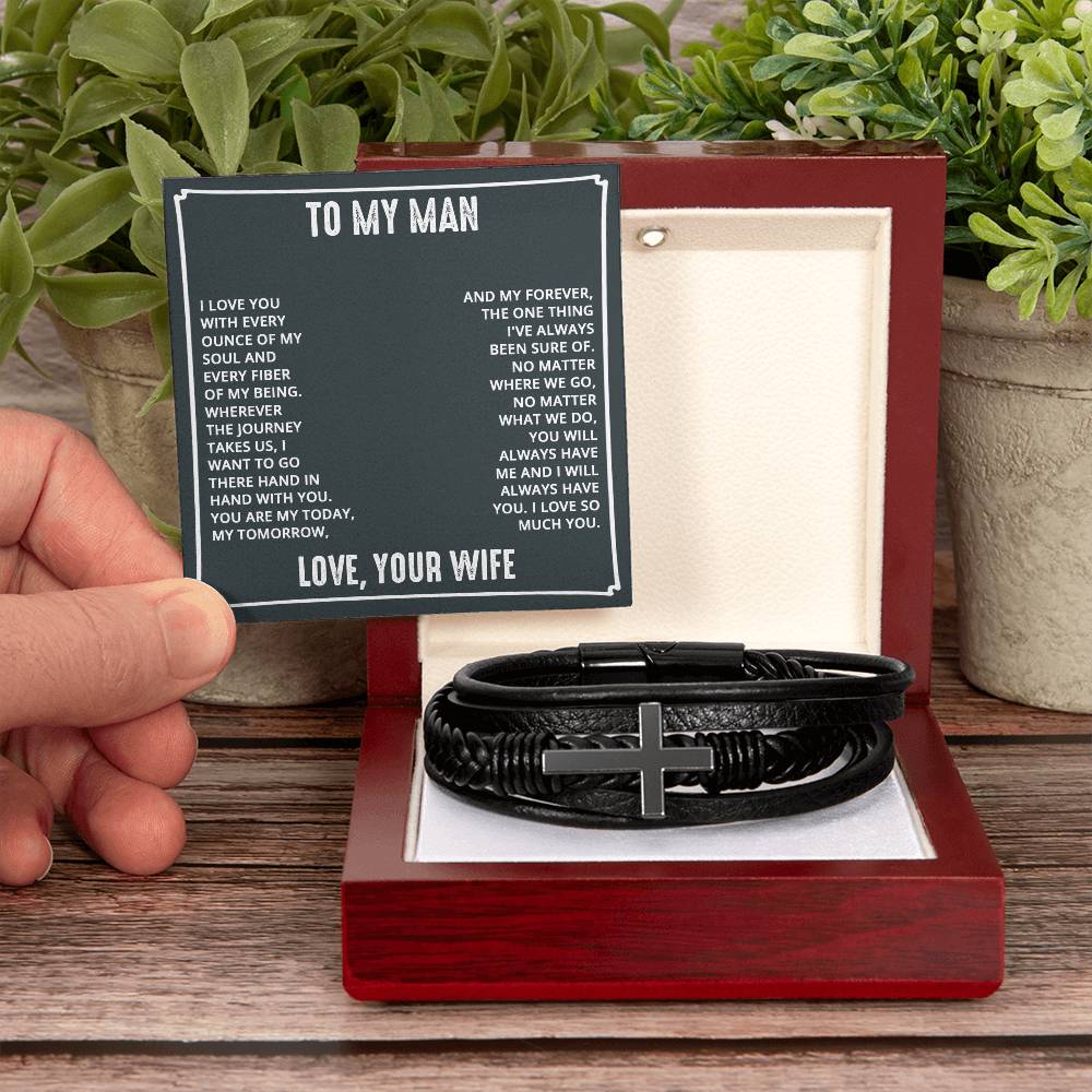 To My Man I Love You With Every Ounce Men's Cross Bracelet - Vegan Leather with Stainless Steel-Express Your Love Gifts