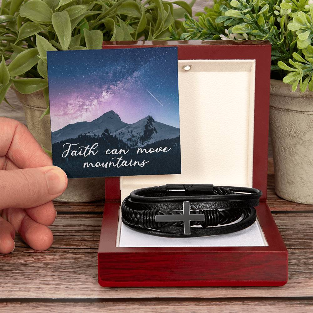 Faith Can Move Mountains Men's Stainless Steel & Vegan Leather Cross Bracelet - Vegan Leather with Stainless Steel-Express Your Love Gifts