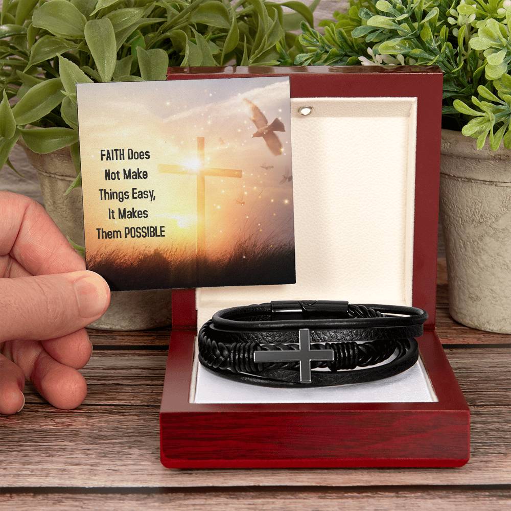 Faith Does Not Make Things Easy Luke 1:37 Men's Stainless Steel & Vegan Leather Cross Bracelet - Vegan Leather with Stainless Steel-Express Your Love Gifts