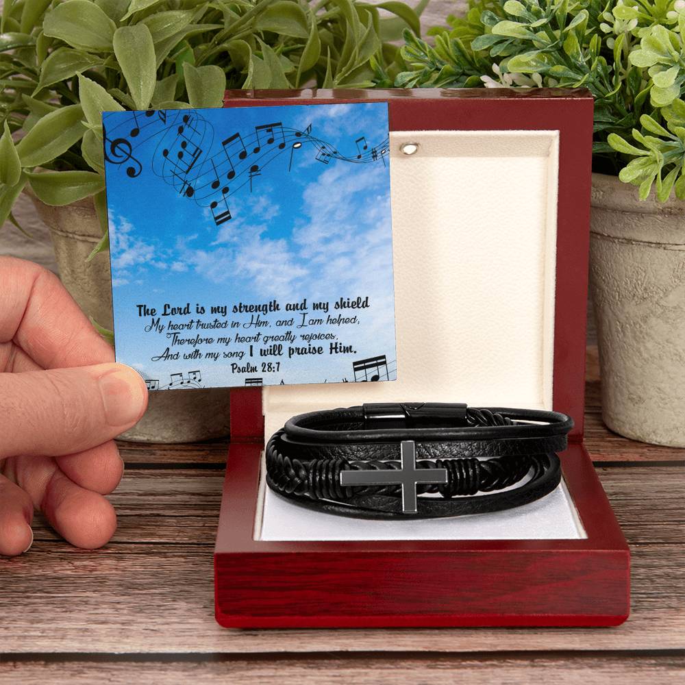 Lord is My Strength Psalm 28:7 Men's Stainless Steel & Vegan Leather Cross Bracelet - Vegan Leather with Stainless Steel-Express Your Love Gifts