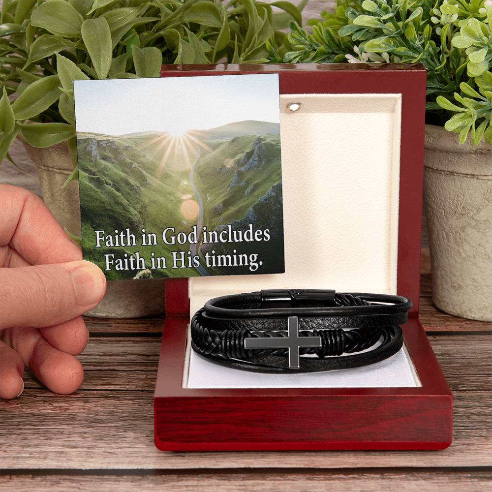 Faith in God's Timing Men's Stainless Steel & Vegan Leather Cross Bracelet - Vegan Leather with Stainless Steel-Express Your Love Gifts