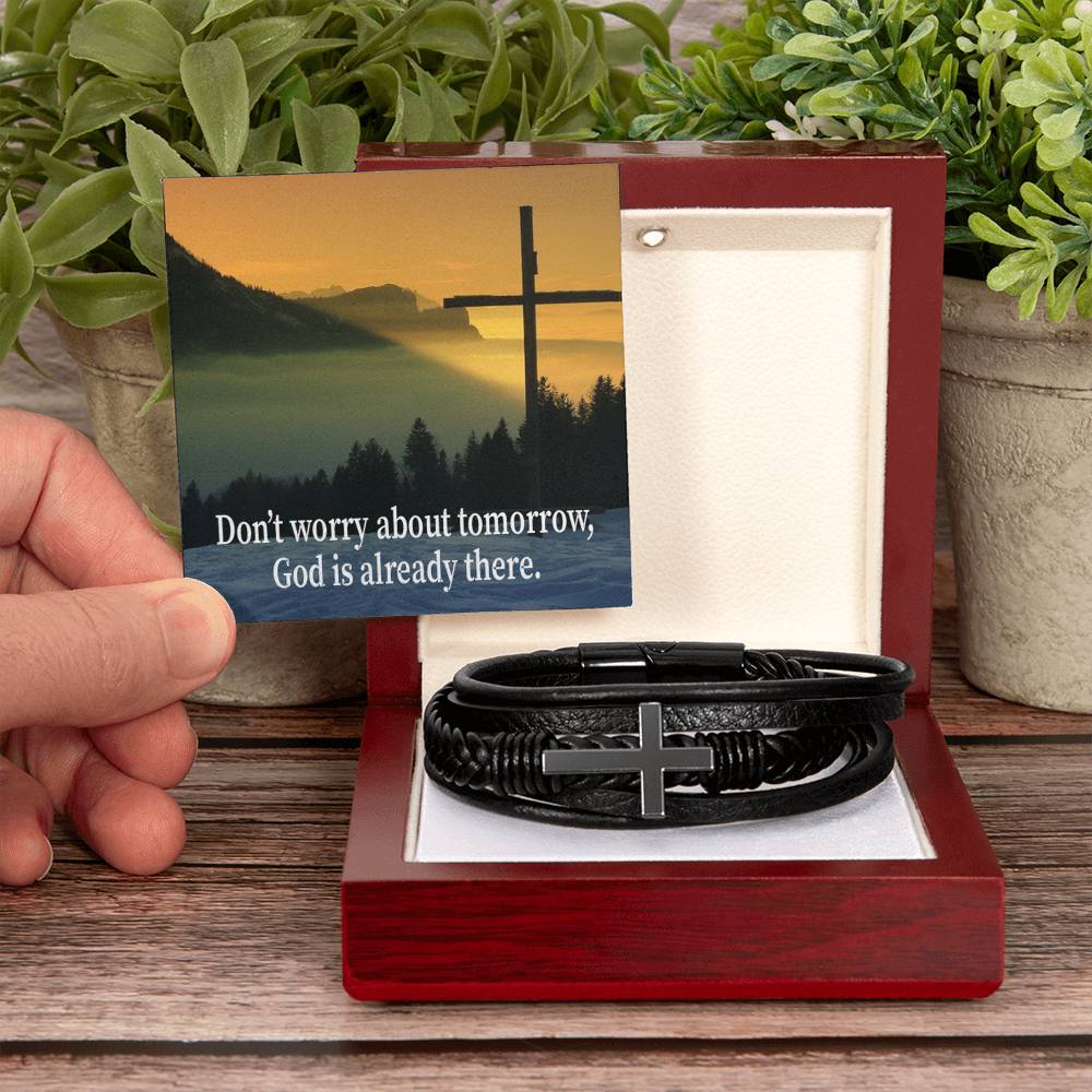 Don’t Worry About Tomorrow Men's Stainless Steel & Vegan Leather Cross Bracelet - Vegan Leather with Stainless Steel-Express Your Love Gifts