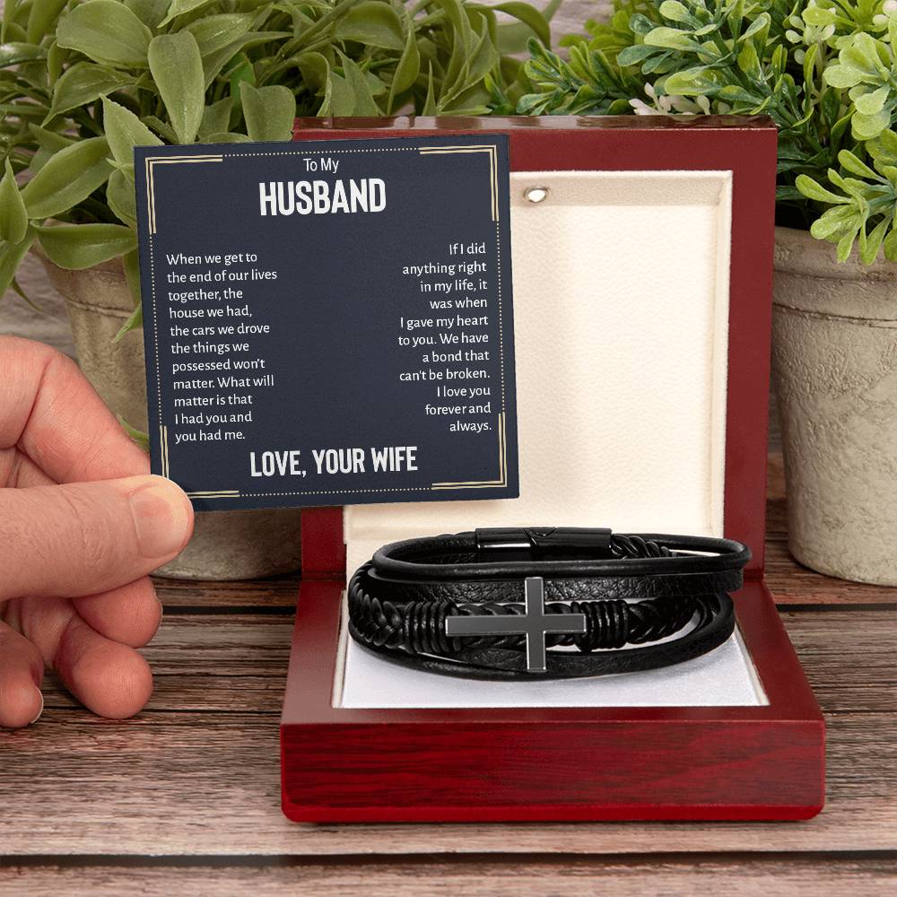 To My Husband When We Get to the End of Our Lives Men's Cross Bracelet - Vegan Leather with Stainless Steel-Express Your Love Gifts