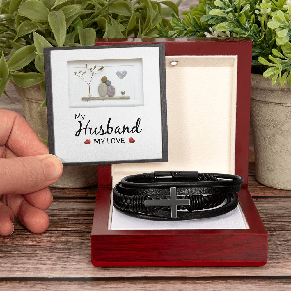 My Husband My Love Men's Cross Bracelet - Vegan Leather with Stainless Steel-Express Your Love Gifts