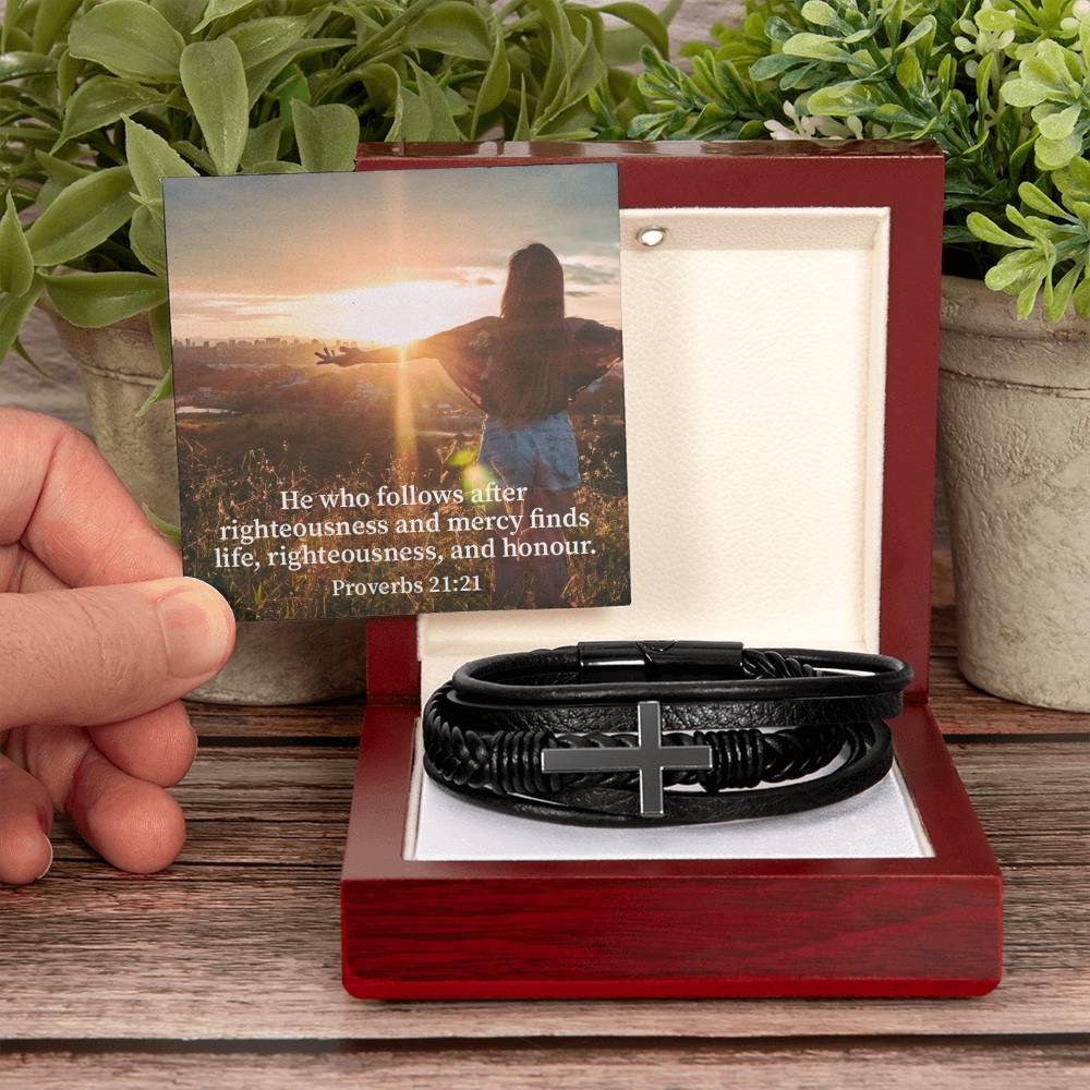 Righteousness and Honour Proverbs 21:21 Men's Stainless Steel & Vegan Leather Cross Bracelet - Vegan Leather with Stainless Steel-Express Your Love Gifts