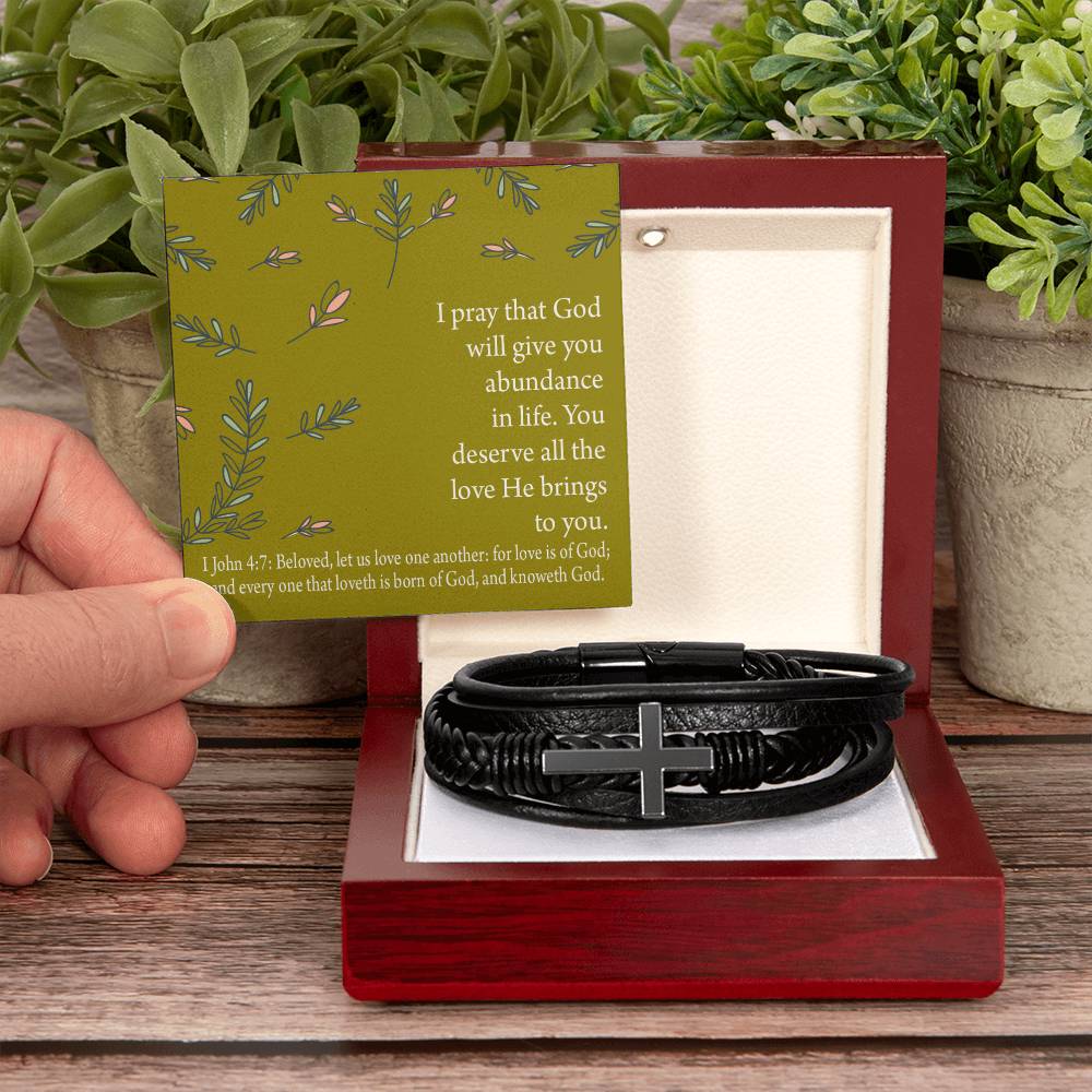 God's Love Faith 1 John 4 :7 Men's Stainless Steel & Vegan Leather Cross Bracelet - Vegan Leather with Stainless Steel-Express Your Love Gifts