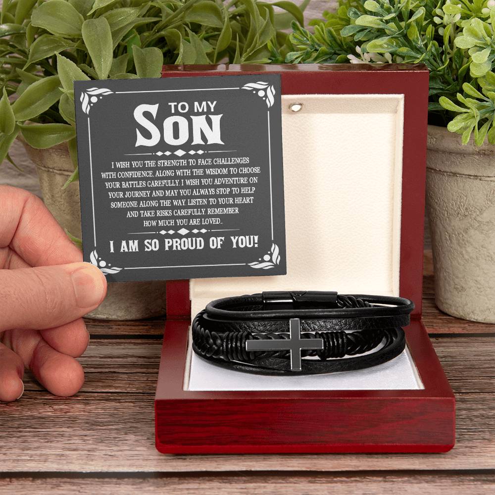 To My Son I Wish You the Strength to Face Challenges Men's Cross Bracelet - Vegan Leather with Stainless Steel-Express Your Love Gifts