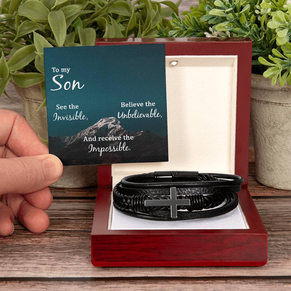 See the Invisible Men's Stainless Steel & Vegan Leather Cross Bracelet - Vegan Leather with Stainless Steel-Express Your Love Gifts
