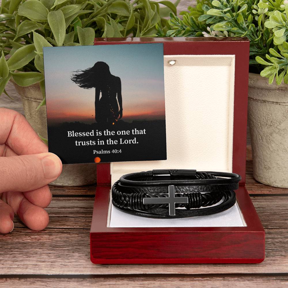 His Trust Psalm 40:4 Men's Stainless Steel & Vegan Leather Cross Bracelet - Vegan Leather with Stainless Steel-Express Your Love Gifts