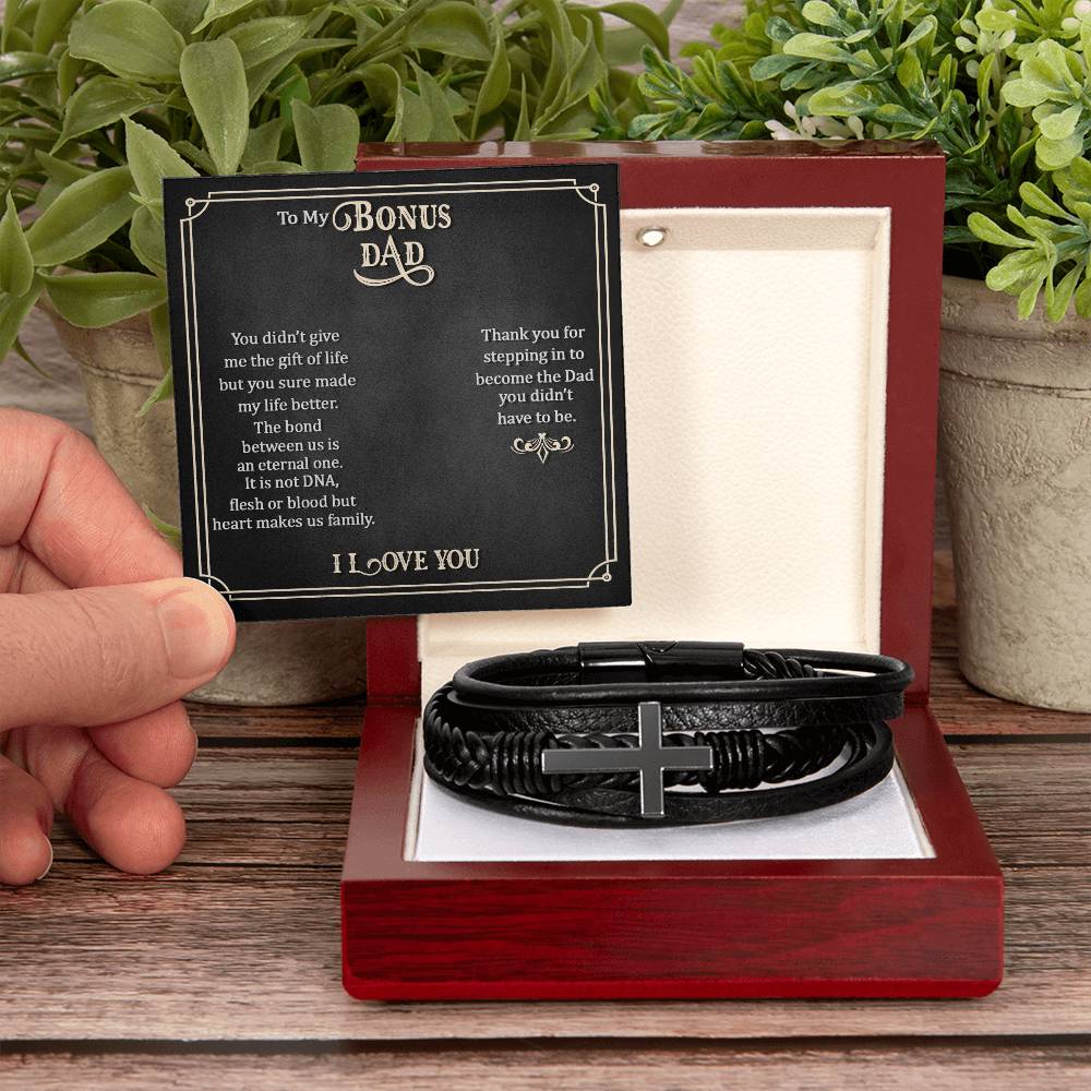 To My Bonus Dad Men's Cross Bracelet - Vegan Leather with Stainless Steel-Express Your Love Gifts