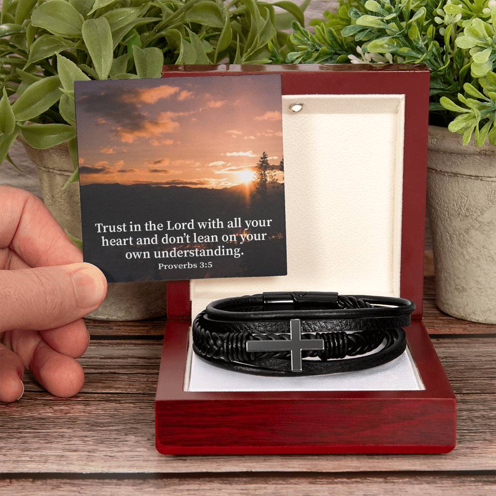 Trust in The Lord Proverbs 3:5 Sunset Men's Stainless Steel & Vegan Leather Cross Bracelet - Vegan Leather with Stainless Steel-Express Your Love Gifts