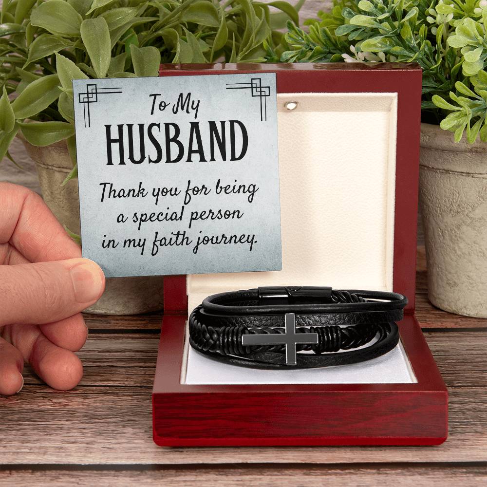To My Husband Thank You for Being Special Men's Cross Bracelet - Vegan Leather with Stainless Steel-Express Your Love Gifts